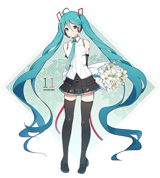 Anime picture 1600x1785 with vocaloid hatsune miku zazuzu single tall image looking at viewer fringe hair between eyes white background twintails bare shoulders full body ahoge very long hair aqua eyes aqua hair zettai ryouiki character names happy birthday girl
