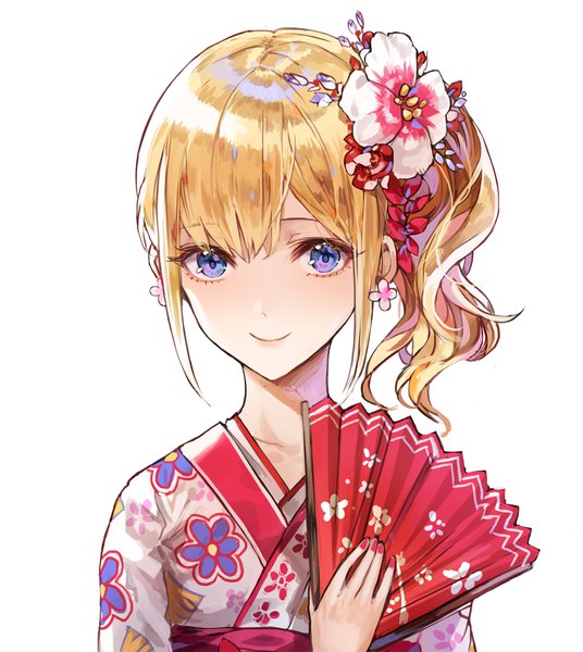 Anime picture 1000x1119 with original kim eb single tall image short hair simple background blonde hair smile white background purple eyes payot nail polish traditional clothes japanese clothes side ponytail portrait red nail polish girl hair ornament earrings