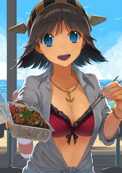 Anime picture 723x1023 with kantai collection hiei battleship touboku single tall image looking at viewer short hair breasts open mouth blue eyes light erotic black hair nail polish :d aqua nail polish girl hair ornament swimsuit bikini food