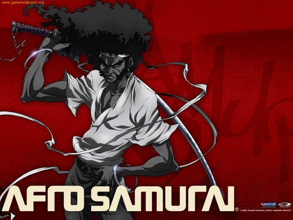 Anime picture 1600x1200 with afro samurai single looking at viewer black hair black eyes afro boy weapon earrings shirt sword bracelet katana