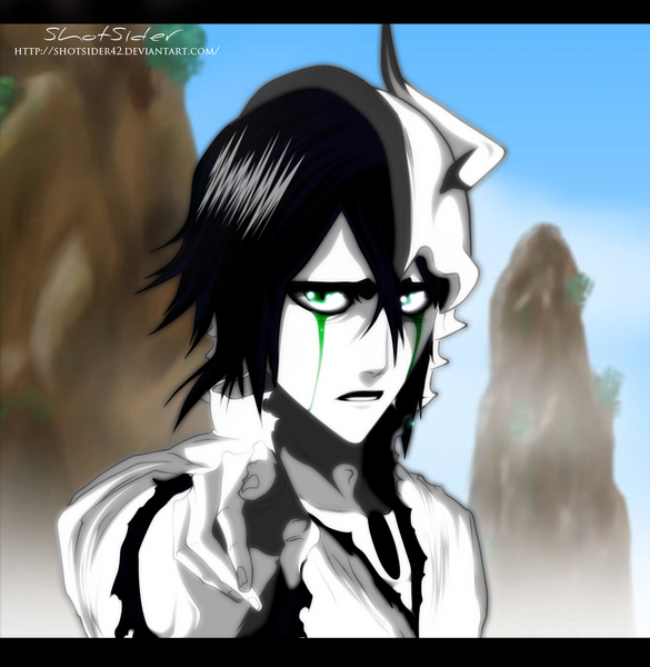 Anime picture 1180x1210 with bleach studio pierrot ulquiorra schiffer shotsider42 single tall image short hair black hair green eyes sky japanese clothes horn (horns) coloring torn clothes smoke pointing espada boy plant (plants) tree (trees)