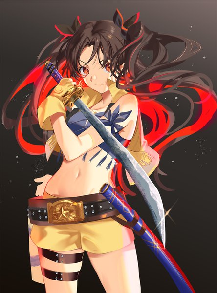 Anime picture 1110x1500 with fate (series) fate/grand order ishtar (fate) space ishtar (fate) hamurekatsu single long hair tall image looking at viewer black hair simple background smile red eyes standing red hair multicolored hair two-tone hair sparkle midriff two side up
