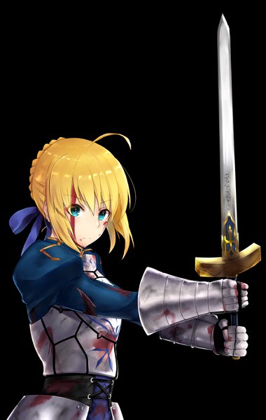 Anime picture 2618x4133 with fate (series) fate/stay night artoria pendragon (all) saber de yazhii single tall image looking at viewer fringe highres simple background hair between eyes holding ahoge upper body braid (braids) aqua eyes puffy sleeves black background serious