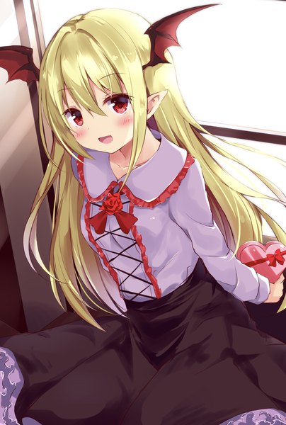 Anime picture 2856x4235 with granblue fantasy vampy hyurasan single long hair tall image looking at viewer blush fringe highres open mouth blonde hair hair between eyes red eyes pointy ears bat wings head wings valentine vampire girl