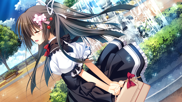 Anime picture 2560x1440 with innocent girl nanami hinako nanaka mai single long hair blush highres open mouth black hair wide image game cg eyes closed profile girl dress hair ornament plant (plants) tree (trees) bag fountain