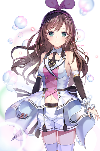 Anime picture 800x1200 with virtual youtuber a.i. channel kizuna ai posom single long hair tall image looking at viewer blush fringe smile brown hair standing white background bare shoulders green eyes signed payot multicolored hair midriff