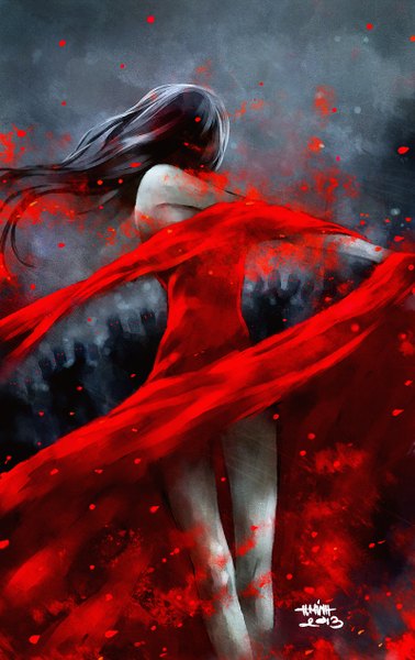 Anime picture 800x1270 with original mara (original character) nanfe long hair tall image black hair bare shoulders signed grey background back pale skin girl dress red dress people