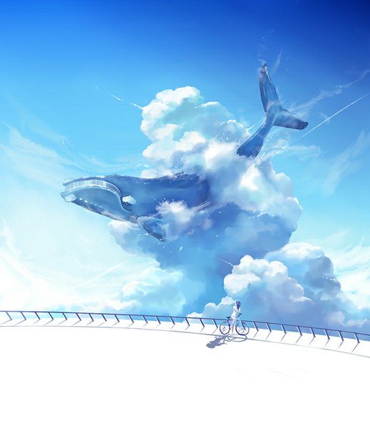 Anime picture 800x924 with original megatruh single long hair tall image sky cloud (clouds) looking back shadow looking up fantasy girl animal ground vehicle fence bicycle whale