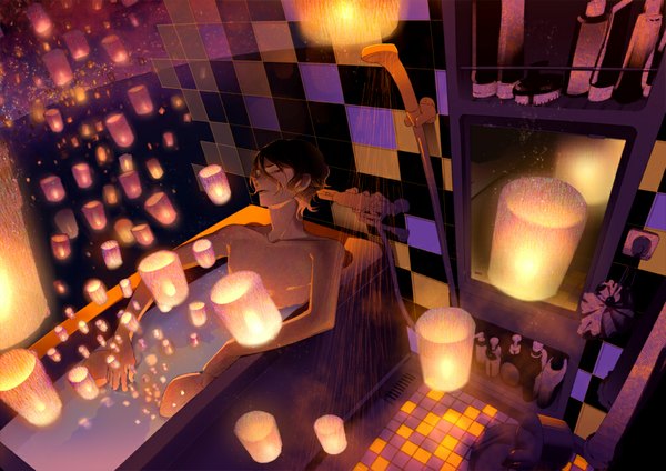Anime picture 1000x707 with original kanamura ren single short hair open mouth brown hair sitting bare shoulders eyes closed nude night reflection checkered floor checkered boy water fire mirror bath paper lantern