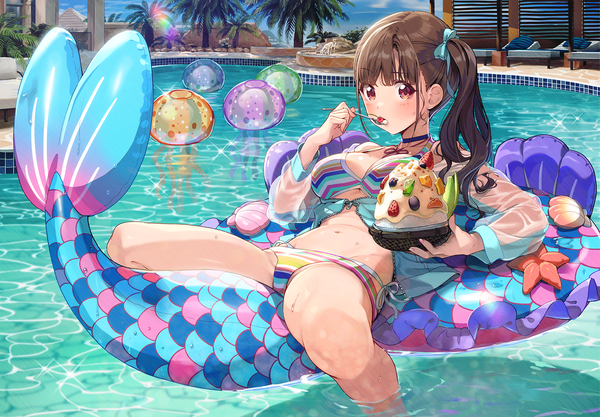 Anime picture 1776x1237 with idolmaster idolmaster shiny colors sonoda chiyoko joey koguma single long hair looking at viewer blush fringe highres breasts light erotic red eyes brown hair large breasts payot sky cloud (clouds) bent knee (knees) outdoors
