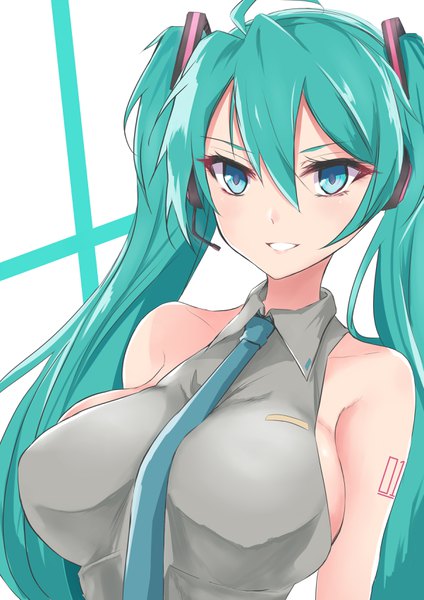Anime picture 2403x3401 with vocaloid hatsune miku sayo ayato single long hair tall image blush fringe highres breasts blue eyes light erotic simple background smile hair between eyes large breasts twintails bare shoulders payot upper body