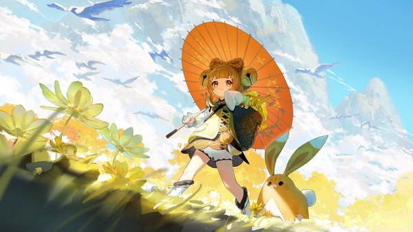 Anime picture 4800x2700 with genshin impact yaoyao (genshin impact) yuegui (genshin impact) rafaelaaa single fringe highres short hair smile brown hair wide image brown eyes looking away absurdres sky cloud (clouds) outdoors blunt bangs running hair bell