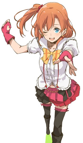 Anime picture 1205x2071 with love live! school idol project sunrise (studio) love live! kousaka honoka haine single long hair tall image fringe open mouth blue eyes simple background white background one eye closed from above orange hair one side up outstretched arm girl thighhighs