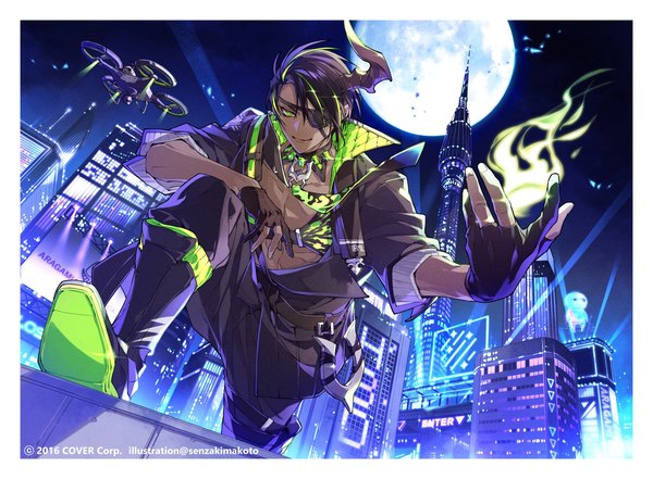 Anime picture 1631x1200 with virtual youtuber holostars aragami oga omaesan (aragami oga) senzaki makoto single looking at viewer short hair black hair green eyes outdoors multicolored hair horn (horns) night official art from below streaked hair dark skin city border