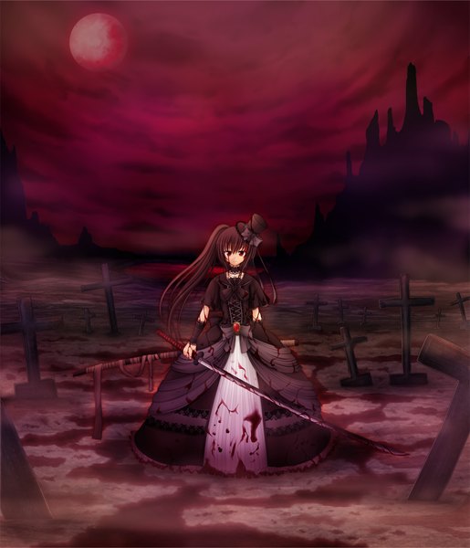 Anime picture 2000x2331 with original mazakura senju single long hair tall image highres red eyes brown hair ponytail side ponytail red moon girl dress weapon hat sword blood cross