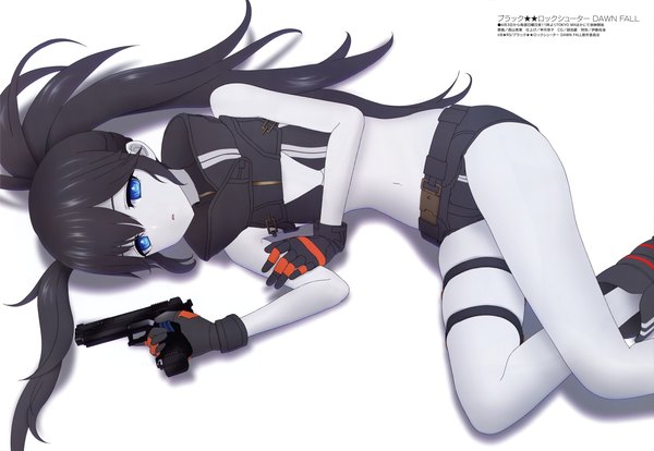 Anime picture 5921x4088 with black rock shooter black rock shooter: dawn fall megami magazine black rock shooter (character) nishiyama mika single long hair looking at viewer fringe highres blue eyes light erotic black hair simple background hair between eyes white background twintails holding absurdres lying