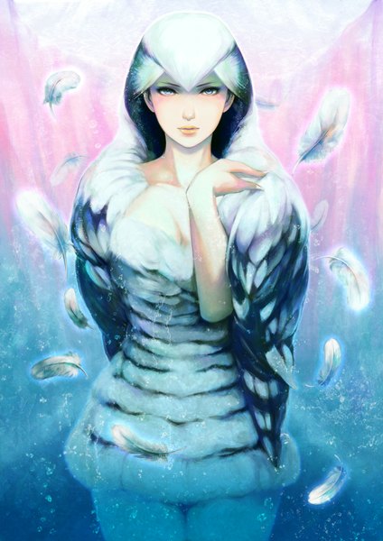 Anime picture 707x1000 with original itori (pixiv) single tall image looking at viewer blue eyes standing fingernails realistic long fingernails personification abstract girl animal bird (birds) feather (feathers) owl