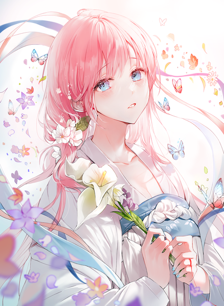 Anime picture 2340x3194 with original 2sham single long hair tall image looking at viewer blush fringe highres blue eyes simple background holding pink hair upper body nail polish traditional clothes parted lips hair flower chinese clothes blue nail polish