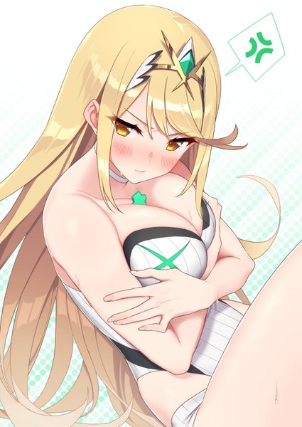 Anime picture 2507x3541 with xenoblade xenoblade 2 mythra (xenoblade) mythra (radiant beach) (xenoblade) baffu single long hair tall image looking at viewer blush fringe highres breasts light erotic simple background blonde hair hair between eyes large breasts sitting bare shoulders