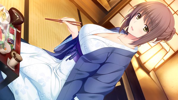 Anime picture 1280x720 with niizuma lovely x cation kurihara aiko iizuki tasuku single looking at viewer blush fringe short hair breasts open mouth brown hair wide image large breasts sitting brown eyes payot game cg traditional clothes japanese clothes alternate hairstyle