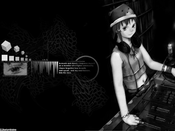 Anime picture 1024x768 with serial experiments lain iwakura lain abe yoshitoshi single looking at viewer short hair smile monochrome third-party edit headphones around neck dj girl bracelet headphones ring cap animal hat mixing console