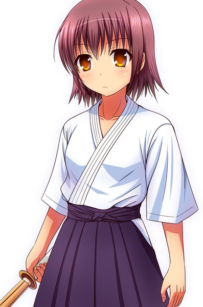 Anime picture 811x1224 with original kk-sk-ray single tall image looking at viewer short hair simple background white background purple hair traditional clothes orange eyes girl