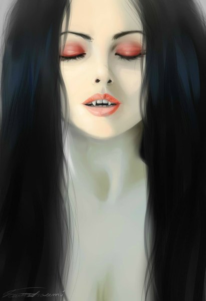 Anime picture 1040x1516 with original sparkyyy (artist) single long hair tall image open mouth black hair eyes closed lips teeth fang (fangs) portrait face pale skin sharp teeth vampire
