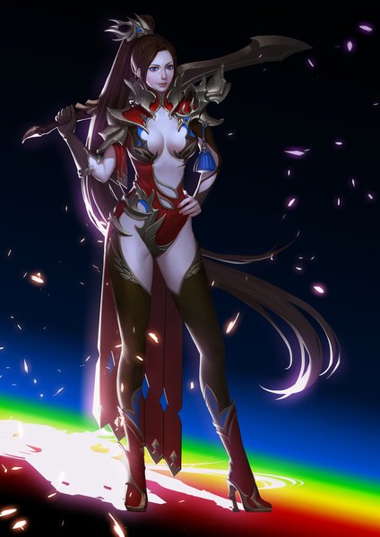 Anime picture 1400x1981 with auau single tall image breasts blue eyes light erotic brown hair ponytail very long hair high heels hand on hip pale skin space warrior girl thighhighs weapon petals sword headdress