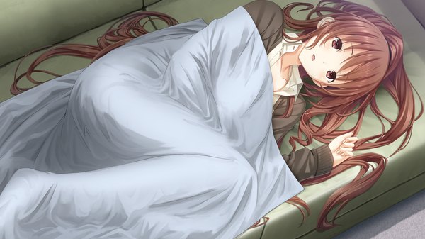 Anime picture 1280x720 with kiss bell giga kajiya ayano long hair open mouth red eyes brown hair wide image game cg lying girl couch