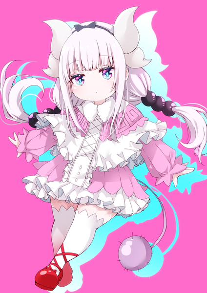 Anime picture 2480x3508 with kobayashi-san chi no maidragon kyoto animation kanna kamui yanagiba sakana single long hair tall image fringe highres simple background twintails payot full body white hair tail blunt bangs horn (horns) loli low twintails pink background