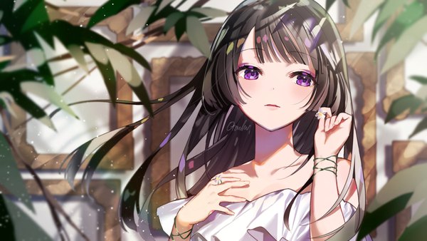 Anime-Bild 1200x675 mit original otoufu (gotouhu) single long hair looking at viewer blush fringe open mouth black hair wide image purple eyes bare shoulders signed upper body empty picture frame girl plant (plants) bracelet leaf (leaves) ring