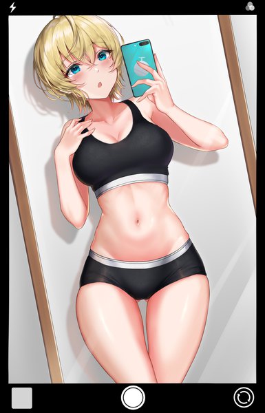 Anime picture 2458x3831 with original rama (yu-light8) single tall image looking at viewer blush fringe highres short hair breasts open mouth blue eyes light erotic blonde hair hair between eyes large breasts bare shoulders holding cleavage ahoge