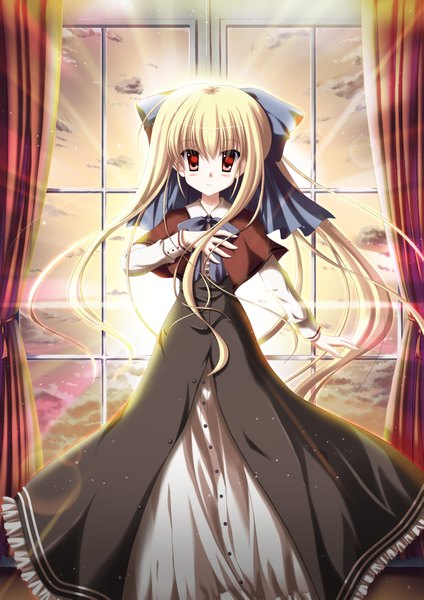 Anime picture 2894x4093 with shirakawako single long hair tall image highres blonde hair red eyes cloud (clouds) sunlight girl dress bow hair bow window