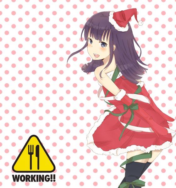 Anime picture 1596x1710 with working!! a-1 pictures yamada aoi rima (artist) single long hair tall image blush fringe open mouth blue eyes bare shoulders purple hair zettai ryouiki fur trim christmas polka dot merry christmas polka dot background girl