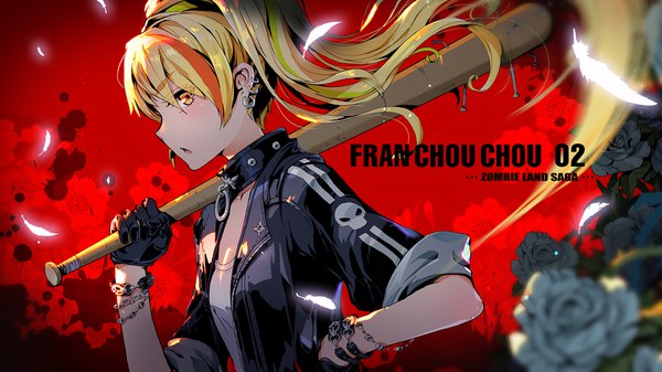 Anime picture 1778x1000 with zombie land saga mappa nikaidou saki d-zhai single long hair looking at viewer highres blonde hair wide image upper body ponytail multicolored hair orange hair open jacket streaked hair copyright name piercing ear piercing weapon over shoulder