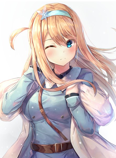 Anime picture 1100x1492 with girls frontline suomi kp31 (girls frontline) motokonut single long hair tall image looking at viewer blush fringe breasts blue eyes simple background blonde hair hair between eyes standing white background payot one eye closed off shoulder sparkle