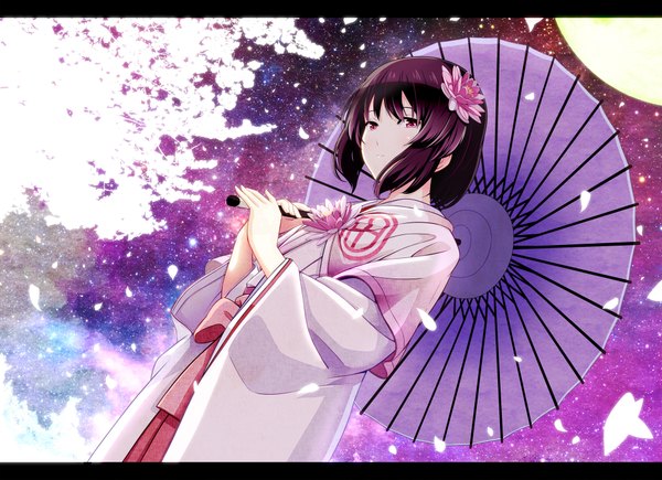 Anime picture 2000x1450 with tsukumo single highres short hair red eyes purple hair traditional clothes japanese clothes hair flower girl hair ornament flower (flowers) petals umbrella oriental umbrella