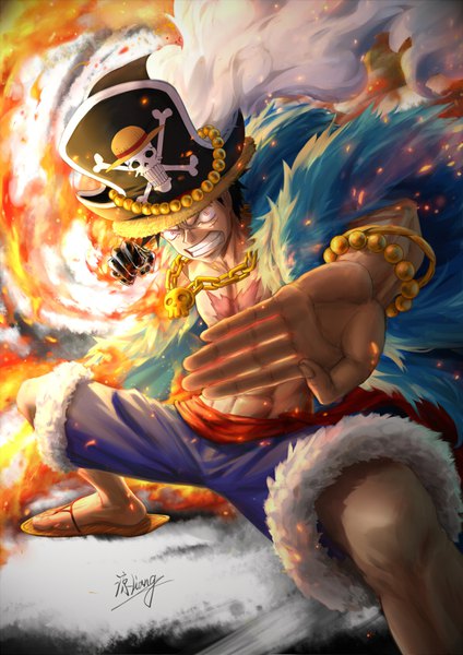 Anime picture 595x841 with one piece toei animation monkey d. luffy liang jian single tall image looking at viewer short hair black hair standing signed open clothes fur trim outstretched arm scar smoke muscle fighting stance angry clenched teeth