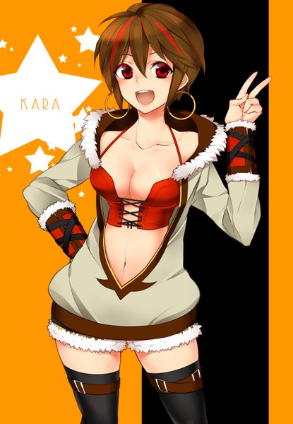 Anime picture 1000x1446 with original yamaki suzume single tall image looking at viewer short hair breasts open mouth light erotic red eyes brown hair multicolored hair two-tone hair streaked hair victory girl thighhighs black thighhighs earrings jacket