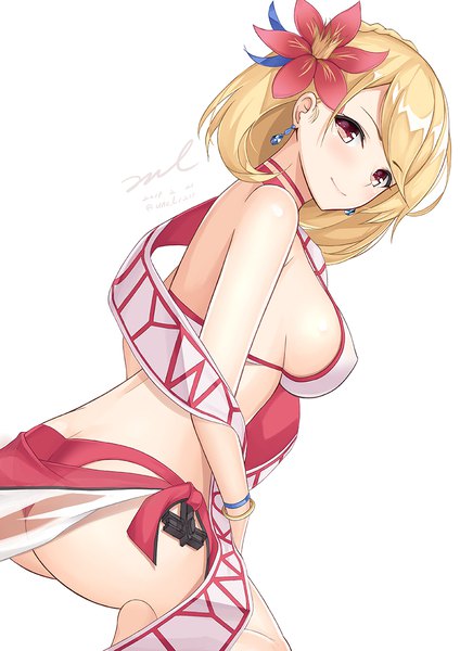 Anime picture 800x1132 with azur lane prince of wales (azur lane) prince of wales (windsor sun) (azur lane) unel single tall image looking at viewer blush fringe short hair breasts light erotic simple background blonde hair red eyes large breasts white background sitting signed braid (braids)
