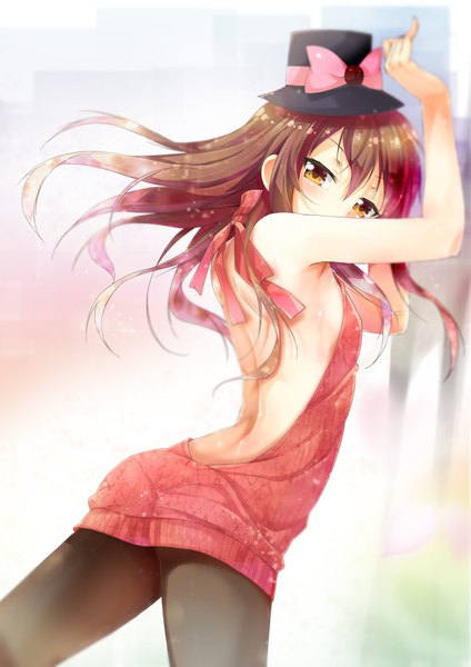 Anime picture 800x1131 with cafe-chan to break time cafe (cafe-chan to break time) porurin single long hair tall image looking at viewer blush fringe light erotic simple background hair between eyes brown hair brown eyes bare back arched back covered mouth girl hat pantyhose