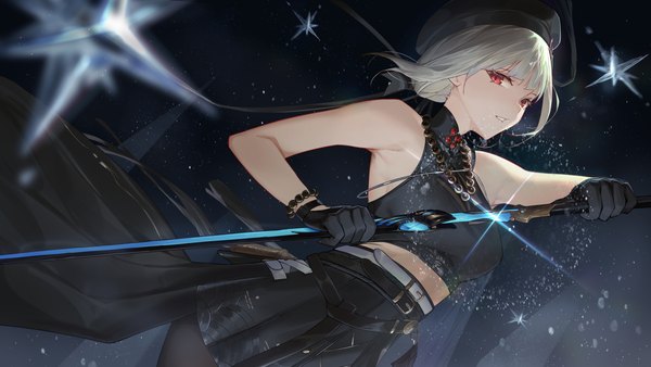 Anime-Bild 6236x3508 mit wuthering waves sanhua (wuthering waves) serelith single looking at viewer fringe highres short hair red eyes wide image bare shoulders absurdres silver hair blunt bangs parted lips dark background unsheathing girl skirt gloves