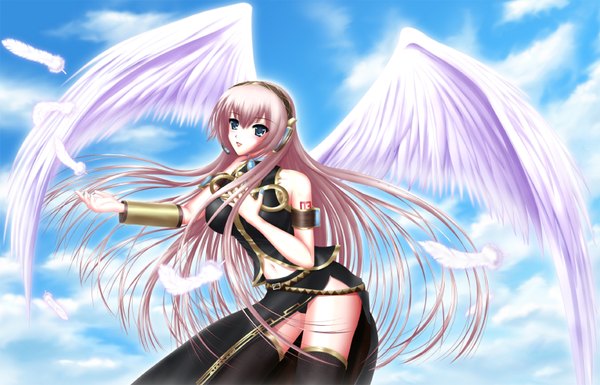 Anime picture 1600x1028 with vocaloid megurine luka nohoho (kakikonchi) single long hair blue eyes bare shoulders pink hair cloud (clouds) midriff girl thighhighs navel black thighhighs wings headphones