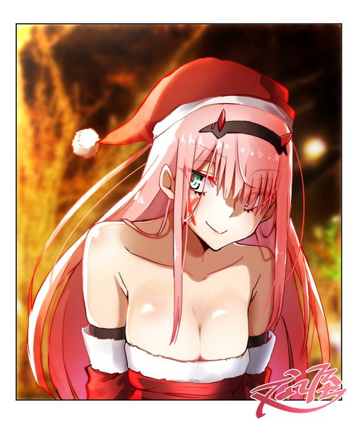 Anime picture 1015x1200 with darling in the franxx studio trigger zero two (darling in the franxx) nakoya (nane cat) single long hair tall image blush fringe breasts light erotic bare shoulders green eyes signed payot looking away pink hair cleavage upper body horn (horns)