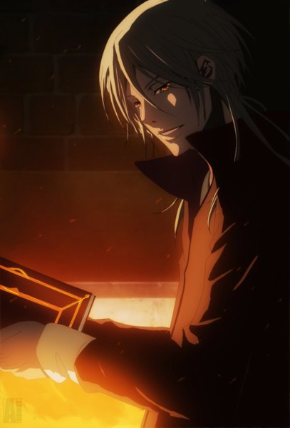 Anime picture 927x1366 with psycho-pass production i.g shougo makishima aconst single long hair tall image smile red eyes grey hair coloring boy shirt book (books) fire fireplace