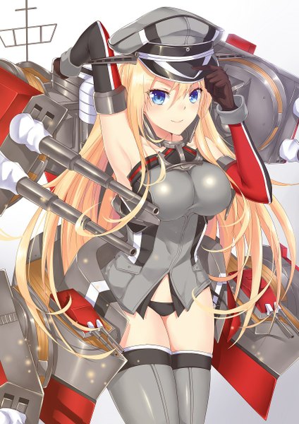 Anime picture 868x1228 with kantai collection bismarck battleship fengsao hua tanzhang long hair tall image looking at viewer breasts blue eyes light erotic blonde hair white background girl thighhighs gloves underwear panties weapon elbow gloves peaked cap