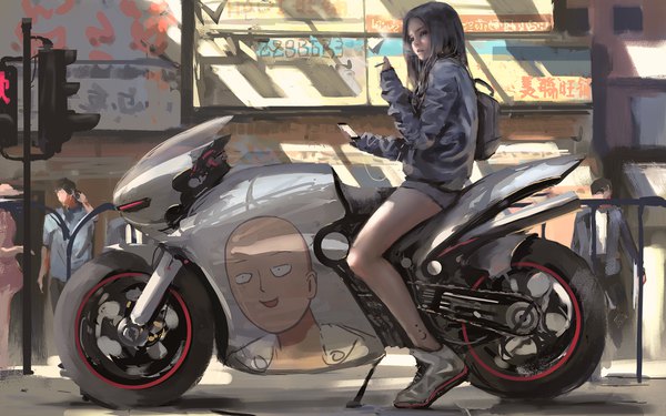Anime-Bild 3840x2400 mit one-punch man original madhouse saitama (one-punch man) wlop long hair highres black hair sitting looking away absurdres full body bent knee (knees) outdoors parted lips lips black eyes bare legs tattoo solo focus
