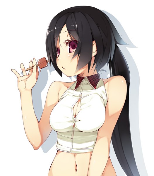 Anime picture 910x1038 with original nekomu single long hair tall image light erotic black hair simple background white background bare shoulders ponytail pink eyes shadow midriff girl navel food sweets ice cream