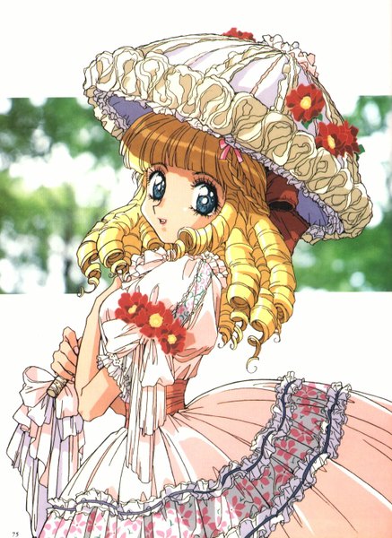 Anime picture 1050x1439 with original ishida atsuko single long hair tall image looking at viewer blue eyes blonde hair drill hair girl dress bow hair bow umbrella