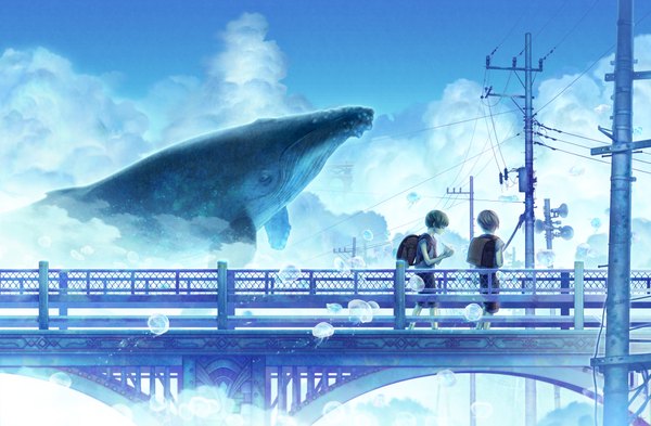 Anime picture 4409x2893 with original mmaru (pixiv) highres short hair smile brown hair looking away absurdres sky cloud (clouds) multiple boys blue background walking sailor collar boy animal necktie 2 boys bag wire (wires)